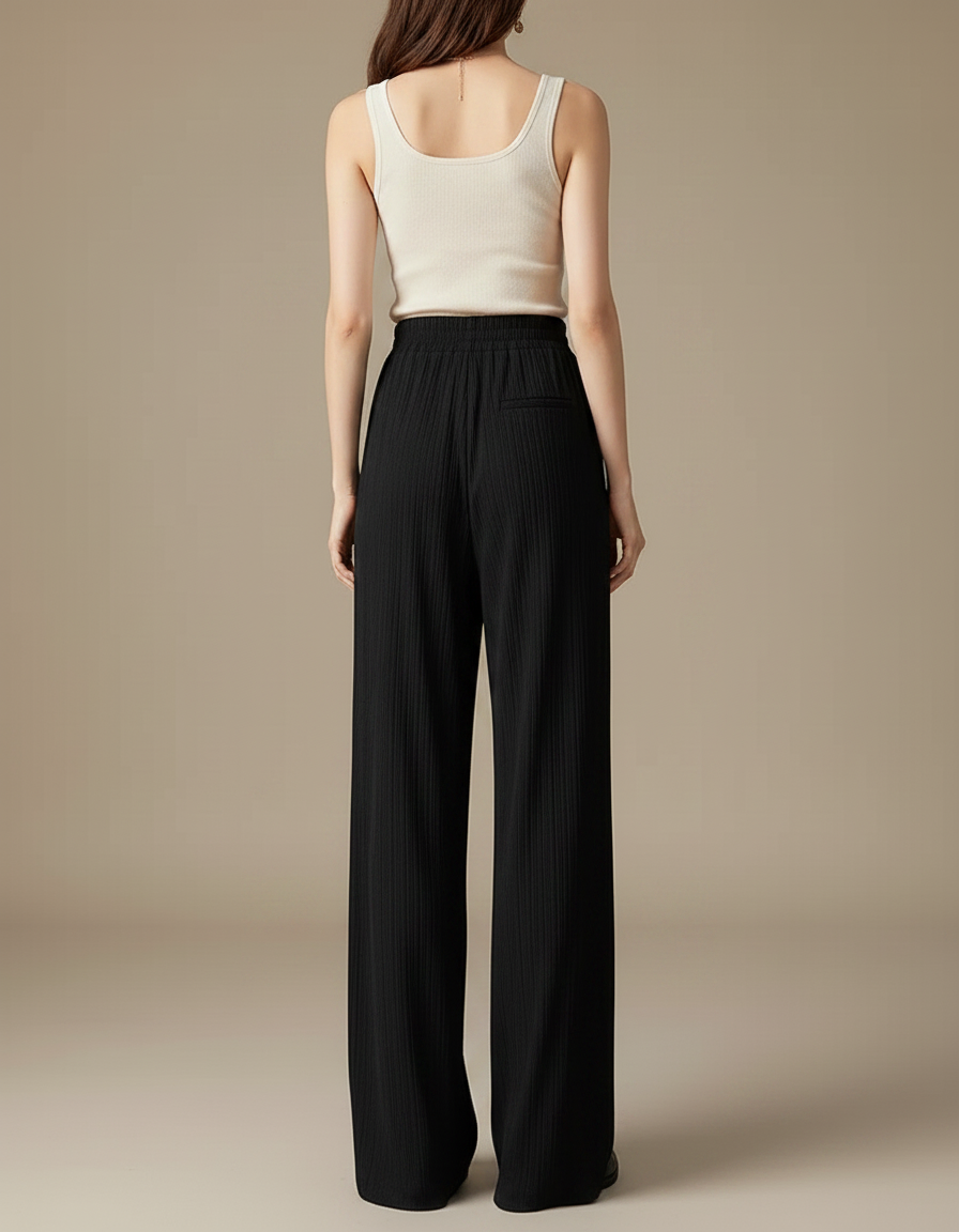 Pantalon Fluide Noir Plissé Ample Taille Haute - Polyester - vue 2