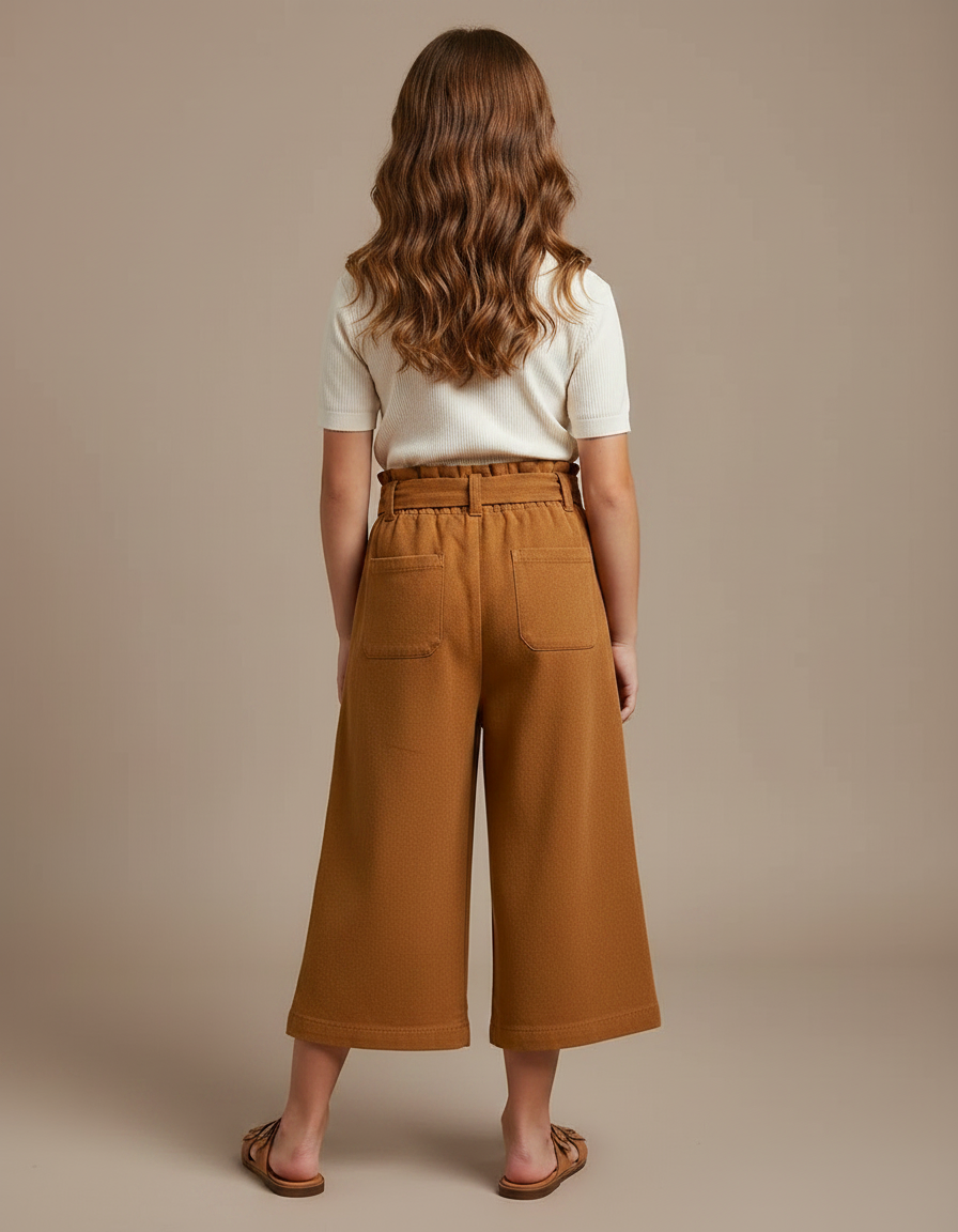 Pantalon Fluide Marron Coton Ample Taille Haute Fille - Molleton - vue 2