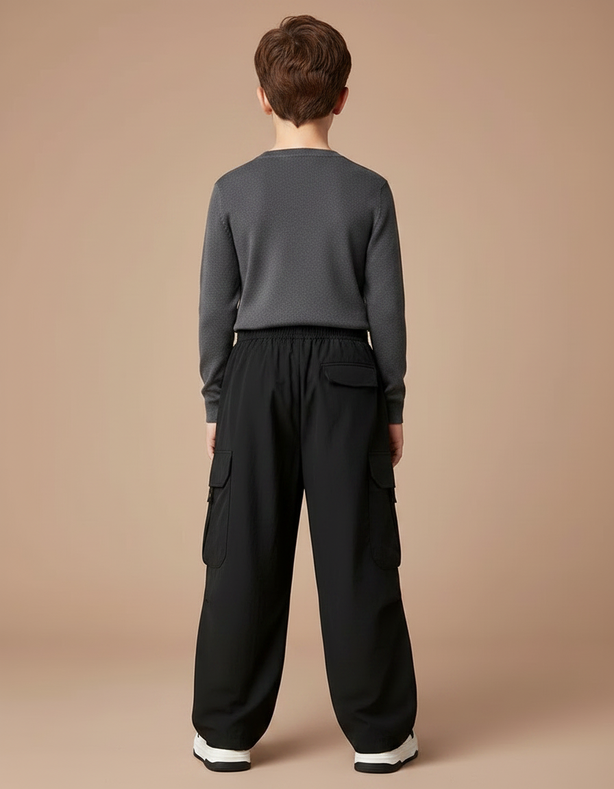 Pantalon Fluide Noir Cargo Ample Garçon Décontracté - Polyester - vue 2