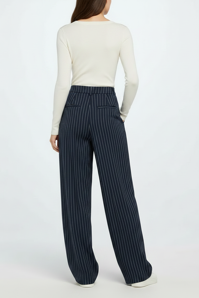 Pantalon Fluide Rayé Bleu Marine Large Élégant Femme - Viscose - vue 2