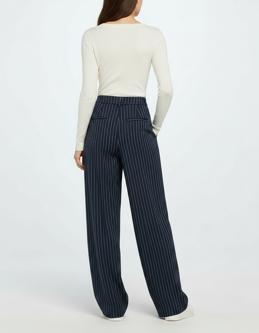 Pantalon Fluide Rayé Bleu Marine Large Élégant Femme - Viscose - vue 2