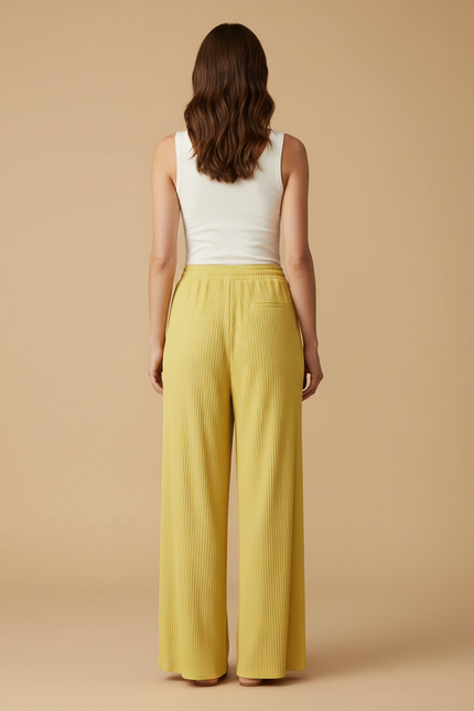 Pantalon Fluide Jaune Plissé Ample Cordon Décontracté - Polyester - vue 2