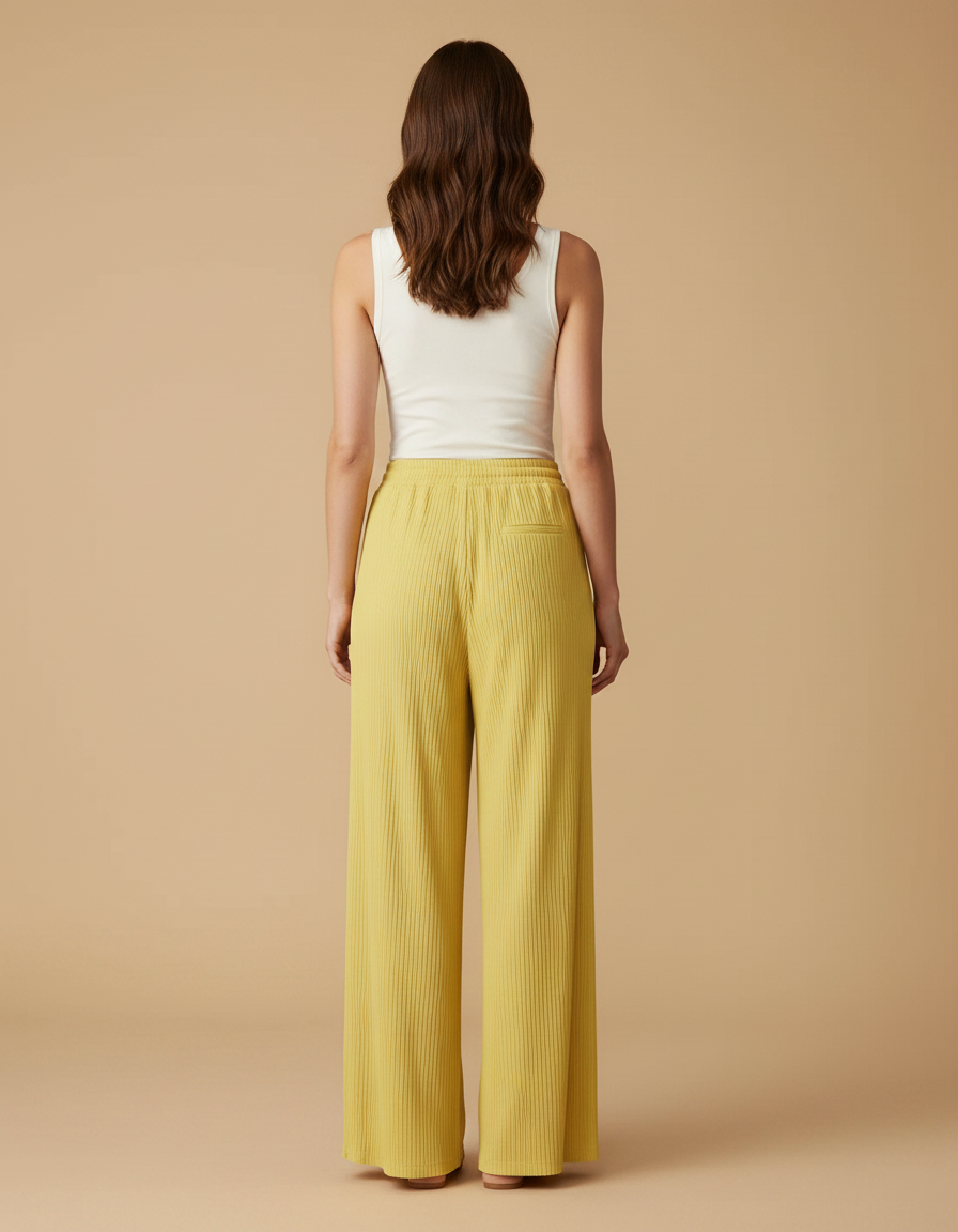 Pantalon Fluide Jaune Plissé Ample Cordon Décontracté - Polyester - vue 2