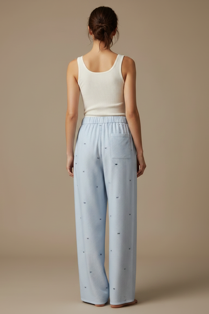 Pantalon Fluide Bleu Ciel Rayé Ample Confortable Motif Nœuds - Coton - vue 2