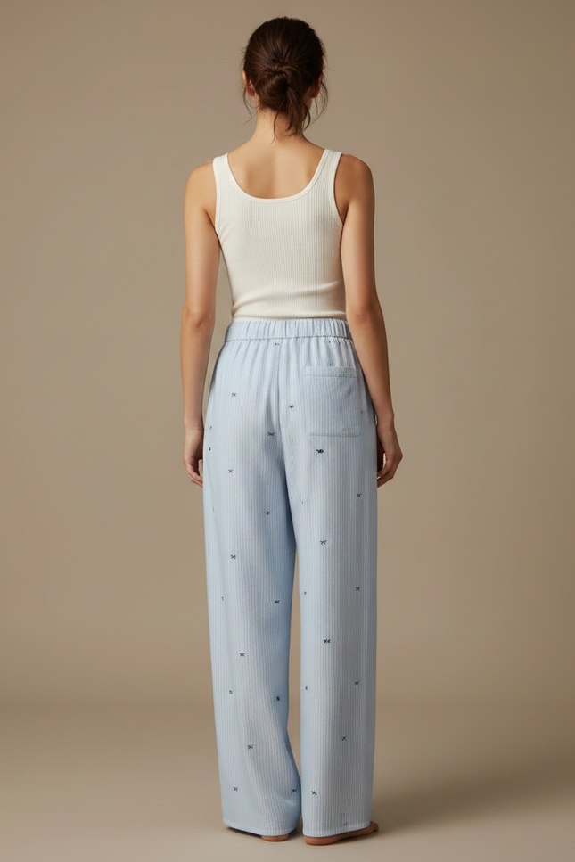 Pantalon Fluide Bleu Ciel Rayé Ample Confortable Motif Nœuds - Coton - vue 2