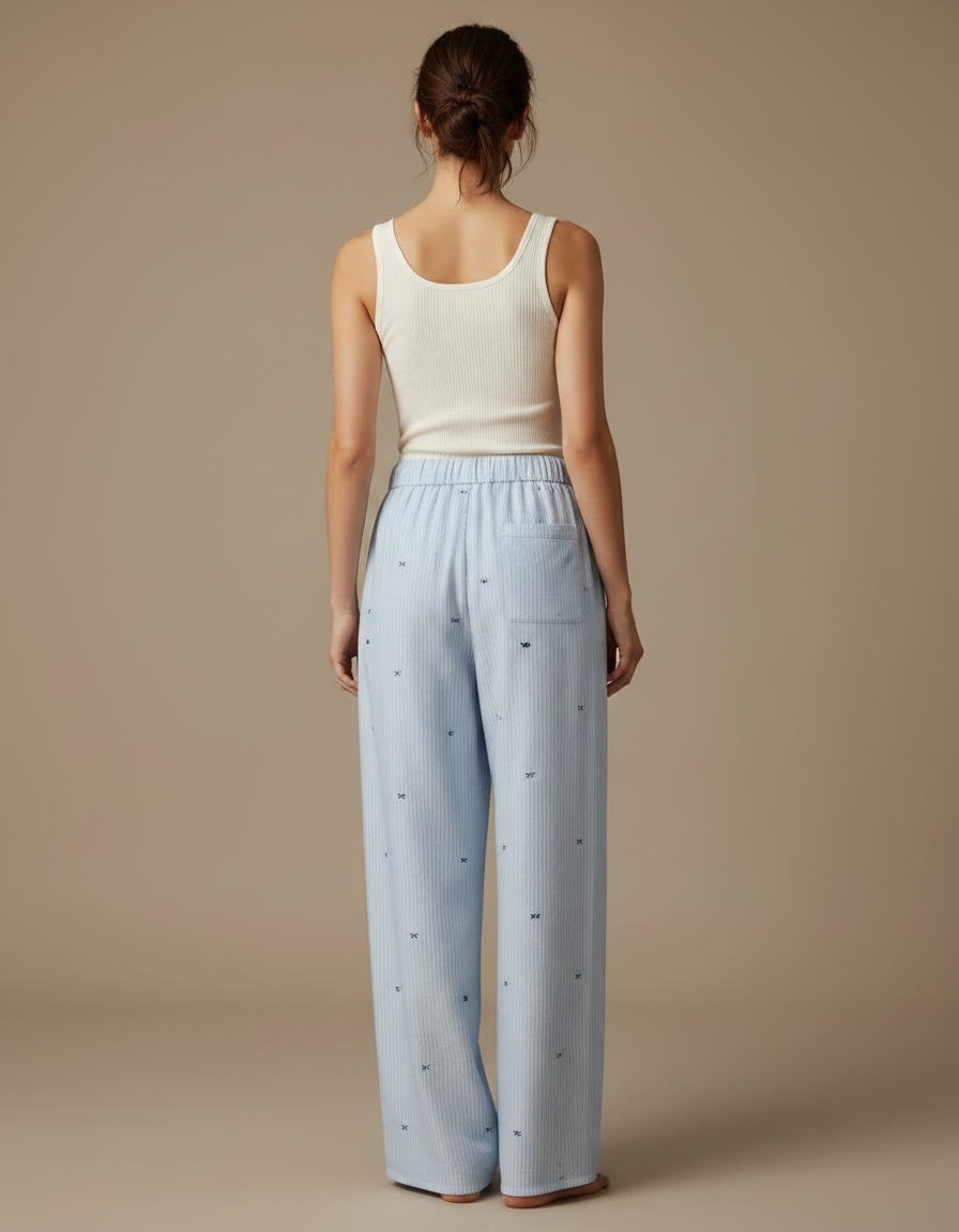 Pantalon Fluide Bleu Ciel Rayé Ample Confortable Motif Nœuds - Coton - vue 2