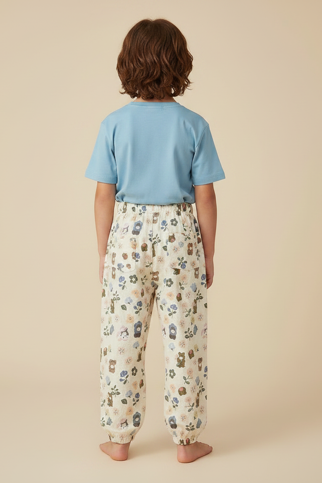 Pantalon Fluide Écru Ample Imprimé Fleuri Mignon - Beige Lin - vue 2