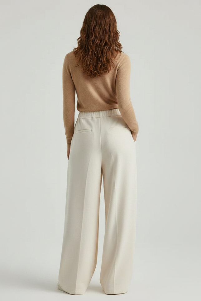 Pantalon Fluide Écru Ample Taille Haute Femme - Beige Molleton - vue 2