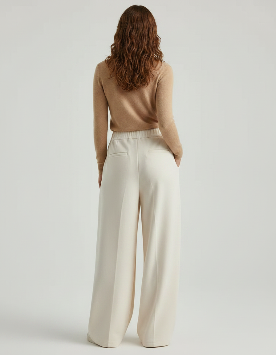 Pantalon Fluide Écru Ample Taille Haute Femme - Beige Molleton - vue 2