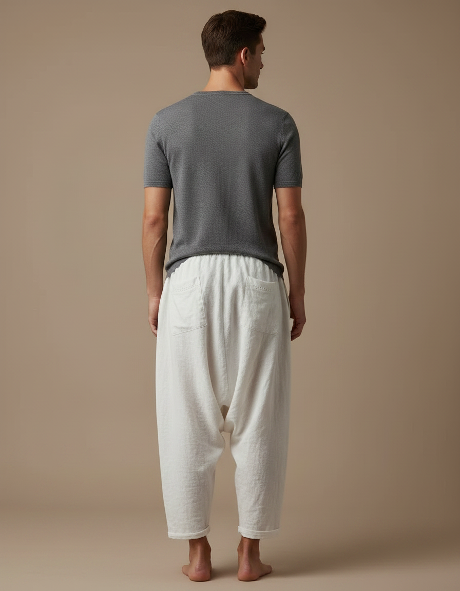 Pantalon Fluide Lin Ample Décontracté Homme Clair - Blanc - vue 2
