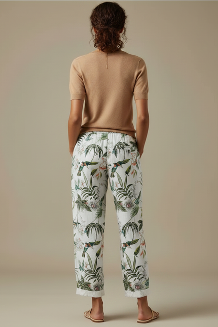 Pantalon Fluide Blanc Imprimé Tropical Ample Estival - Lin - vue 2