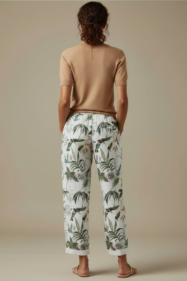 Pantalon Fluide Blanc Imprimé Tropical Ample Estival - Lin - vue 2