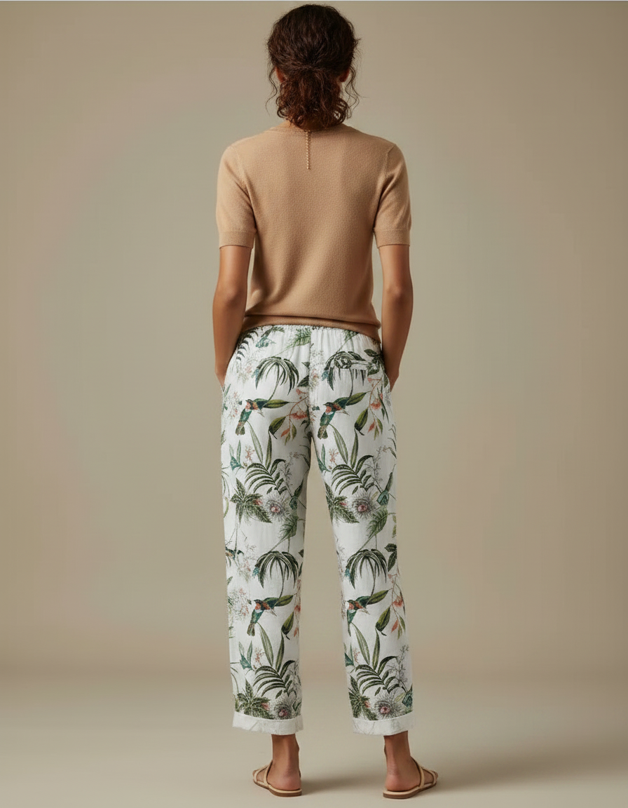 Pantalon Fluide Blanc Imprimé Tropical Ample Estival - Lin - vue 2