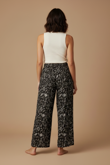Pantalon Fluide Noir Ample Motif Floral Coton Femme - vue 2
