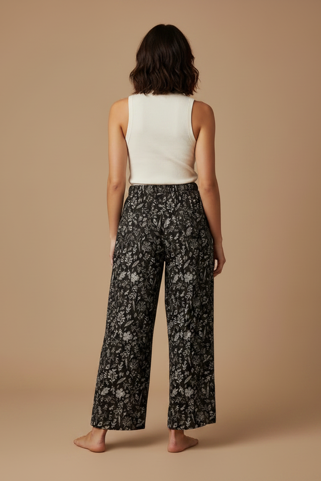 Pantalon Fluide Noir Ample Motif Floral Coton Femme - vue 2