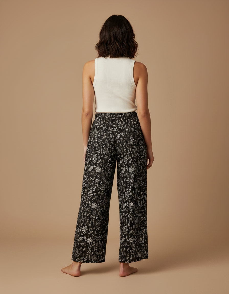 Pantalon Fluide Noir Ample Motif Floral Coton Femme - vue 2