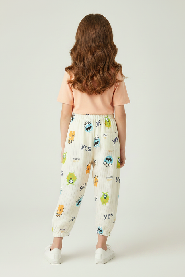 Pantalon Fluide Écru Rayé Imprimé Monstres Coton Ample - vue 2