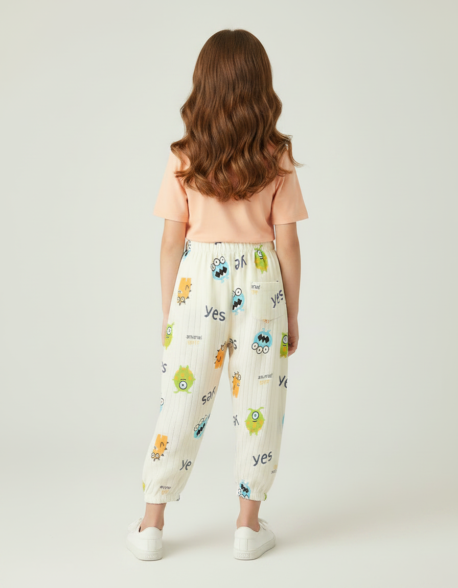 Pantalon Fluide Écru Rayé Imprimé Monstres Coton Ample - vue 2