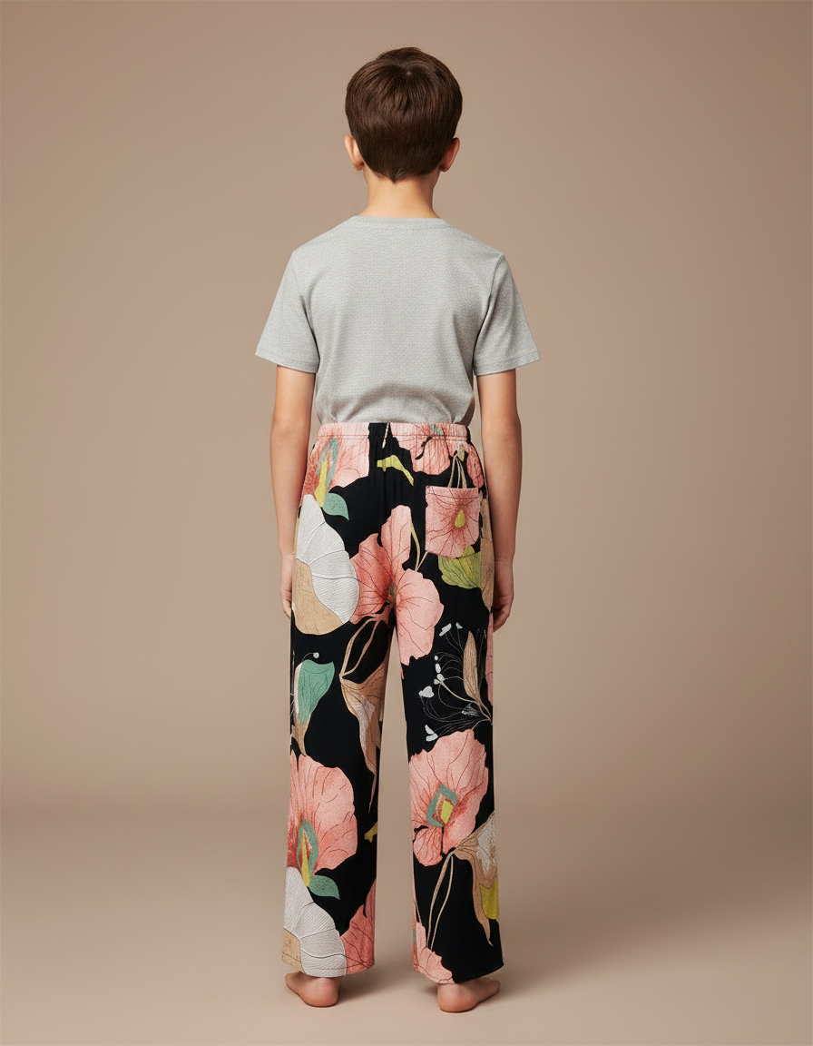 Pantalon Fluide Noir Floral Ample Viscose Enfant - Multicolore - vue 2