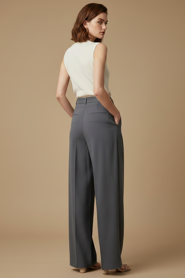 Pantalon Fluide Gris Ample Droit Élégant Femme - Polyester - vue 2