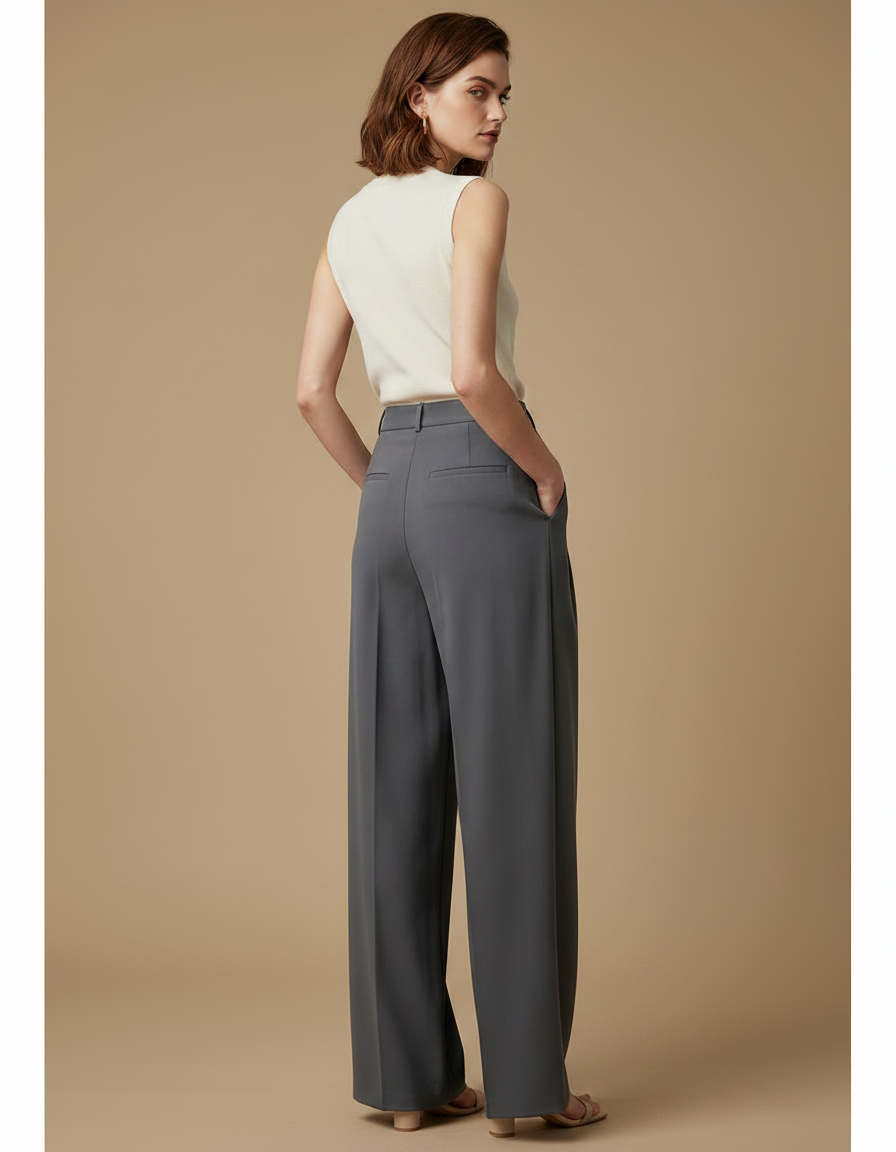 Pantalon Fluide Gris Ample Droit Élégant Femme - Polyester - vue 2