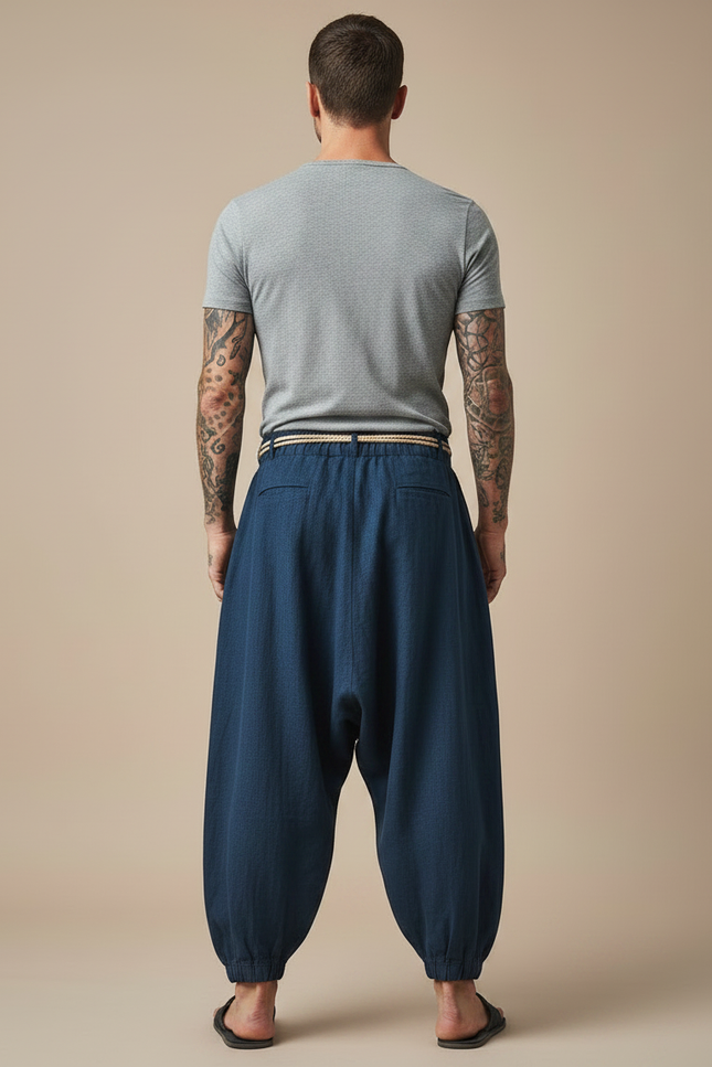 Pantalon Fluide Bleu Ample Coton Lin Homme Décontracté - Marine - vue 2