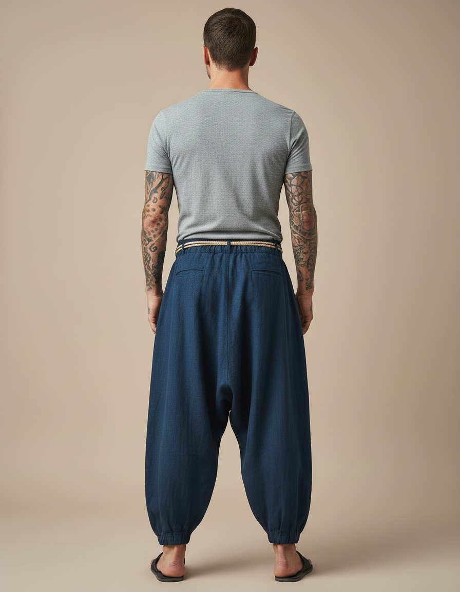 Pantalon Fluide Bleu Ample Coton Lin Homme Décontracté - Marine - vue 2
