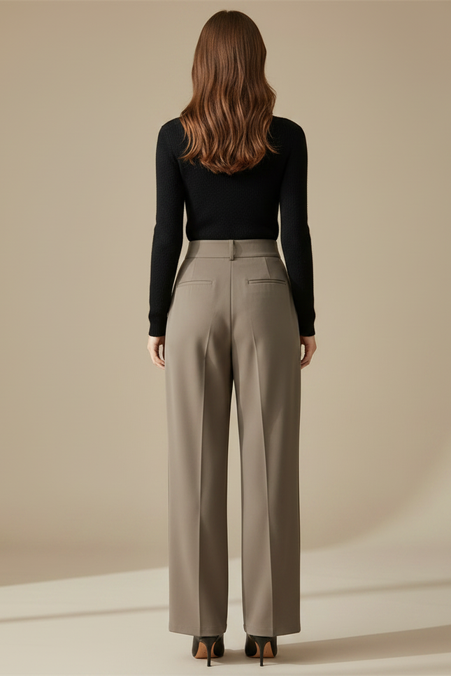 Pantalon Fluide Gris Ample Taille Haute Élégant Femme - Kaki Polyester - vue 2