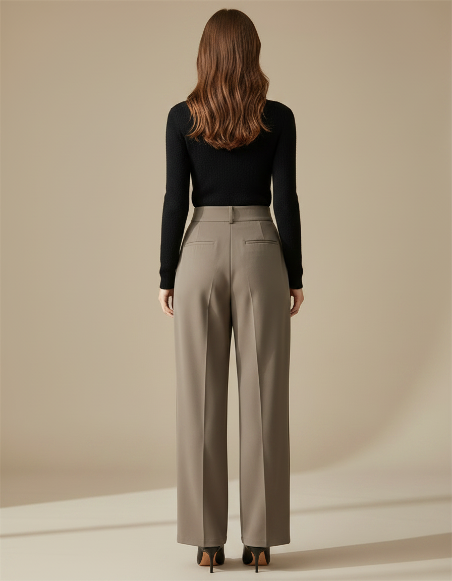 Pantalon Fluide Gris Ample Taille Haute Élégant Femme - Kaki Polyester - vue 2