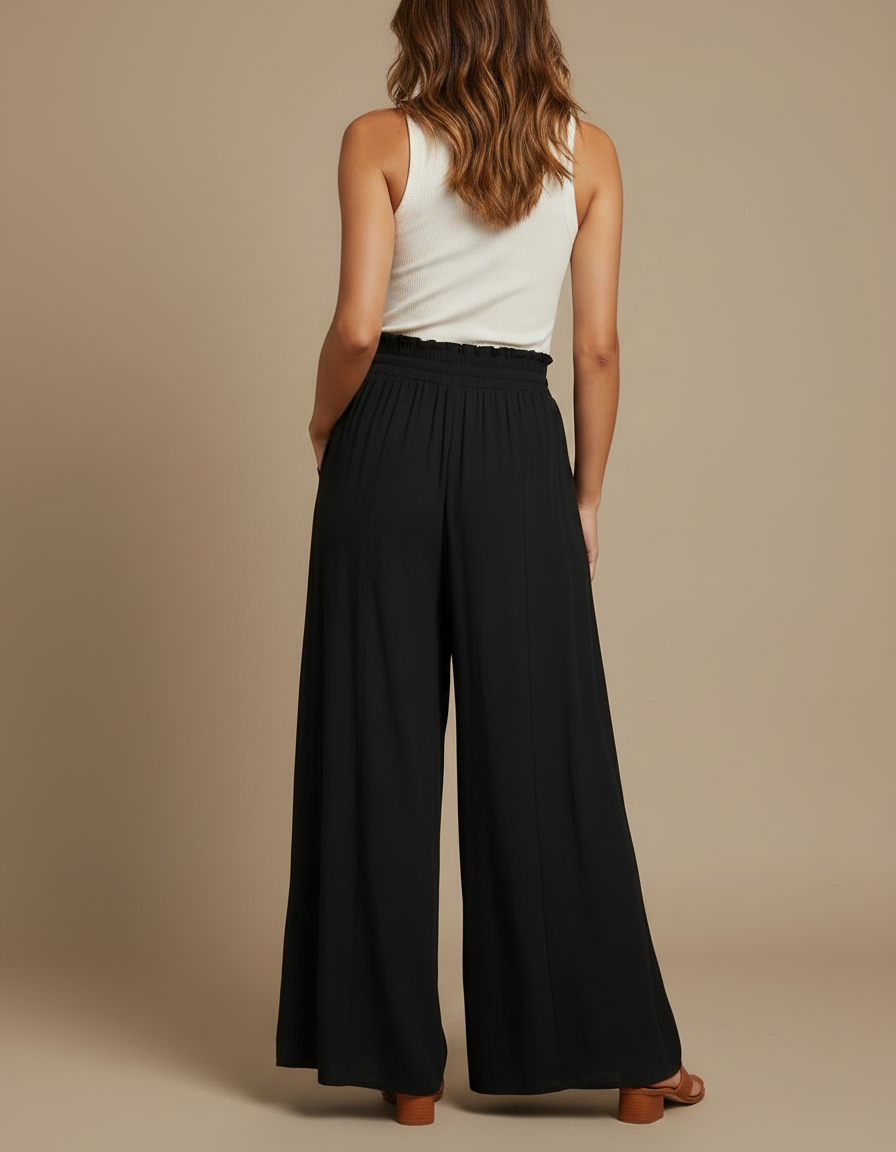 Pantalon Fluide Noir Ample Taille Élastique Cordon - Viscose - vue 2
