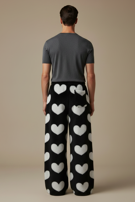Pantalon Fluide Noir Cœurs Blancs Polaire Ample - Molleton - vue 2