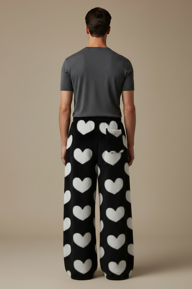 Pantalon Fluide Noir Cœurs Blancs Polaire Ample - Molleton - vue 2