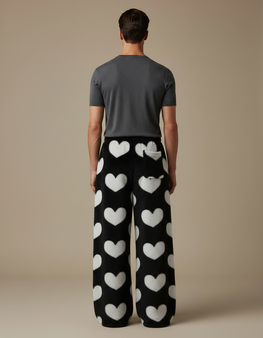 Pantalon Fluide Noir Cœurs Blancs Polaire Ample - Molleton - vue 2