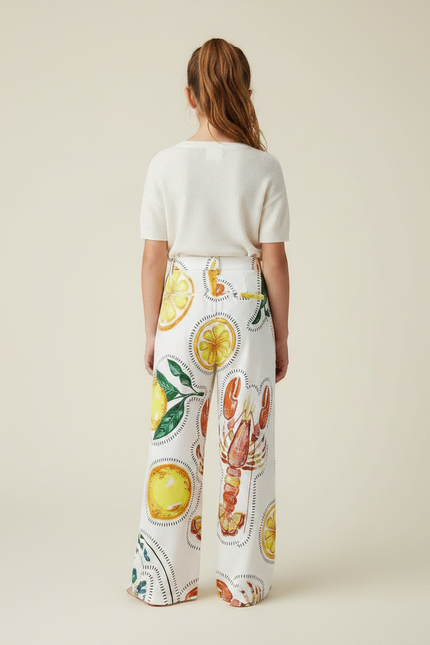 Pantalon Fluide Blanc Imprimé Citrons Homard Ample - Satin - vue 2