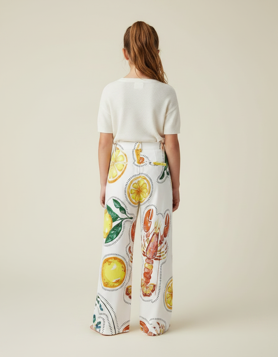 Pantalon Fluide Blanc Imprimé Citrons Homard Ample - Satin - vue 2