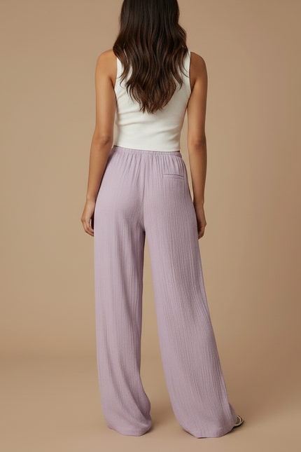 Pantalon Fluide Ample Mauve Texturé Cordon Décontracté Femme - Violet Viscose - vue 2