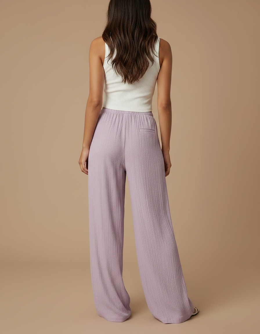 Pantalon Fluide Ample Mauve Texturé Cordon Décontracté Femme - Violet Viscose - vue 2