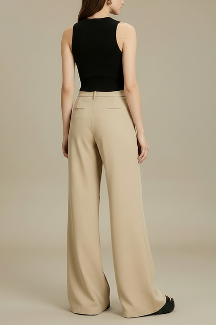 Pantalon Fluide Beige Large Taille Haute Élégant Décontracté - Polyester - vue 2
