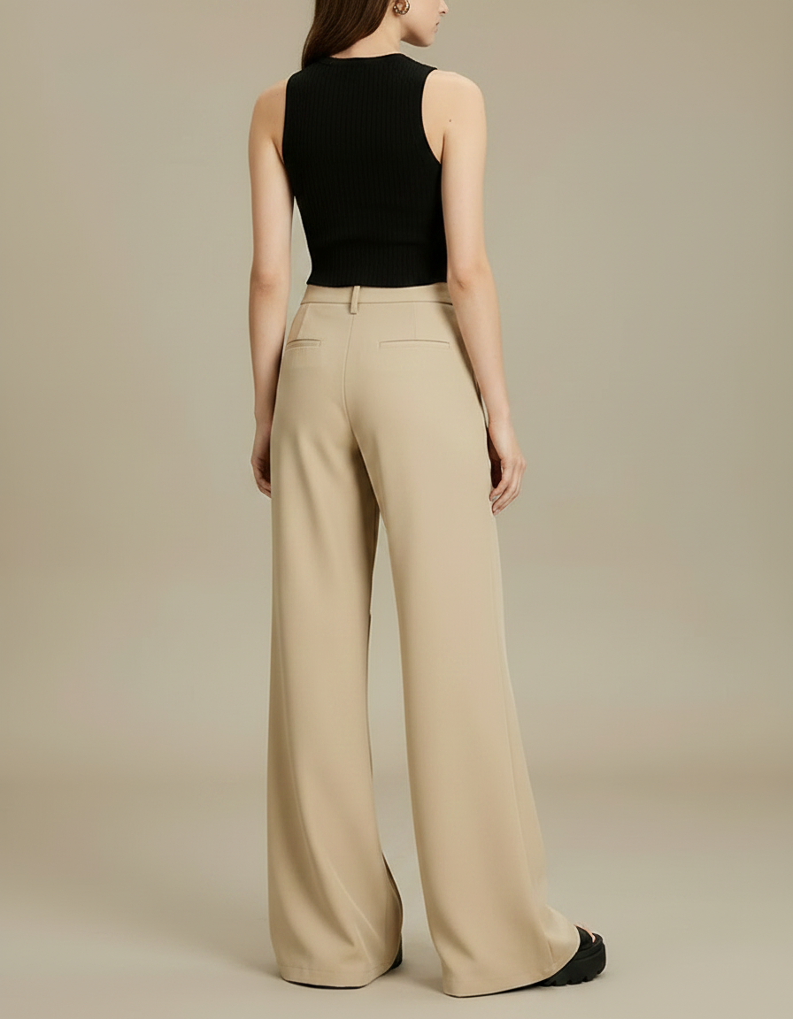 Pantalon Fluide Beige Large Taille Haute Élégant Décontracté - Polyester - vue 2