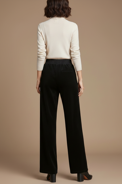 Pantalon Fluide Noir Velours Côtelé Taille Haute Ample - Cordé - vue 2