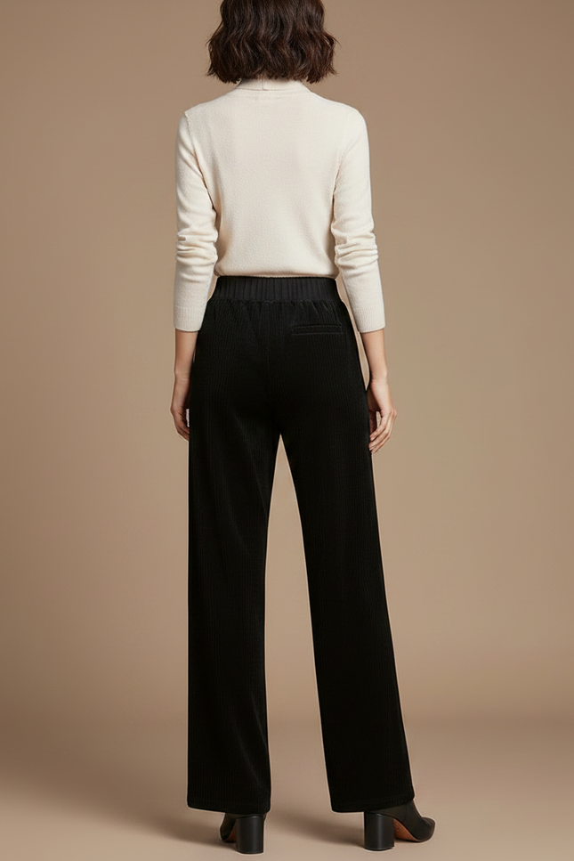 Pantalon Fluide Noir Velours Côtelé Taille Haute Ample - Cordé - vue 2