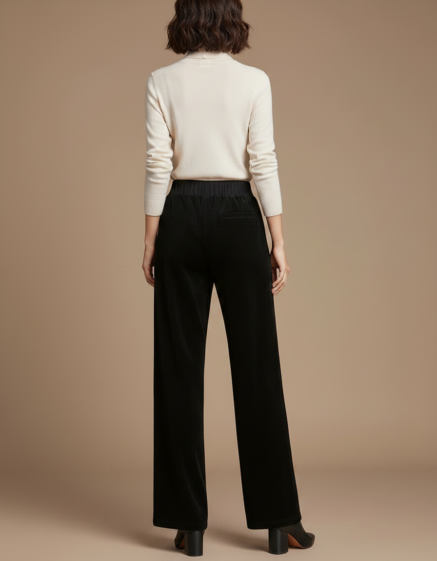 Pantalon Fluide Noir Velours Côtelé Taille Haute Ample - Cordé - vue 2