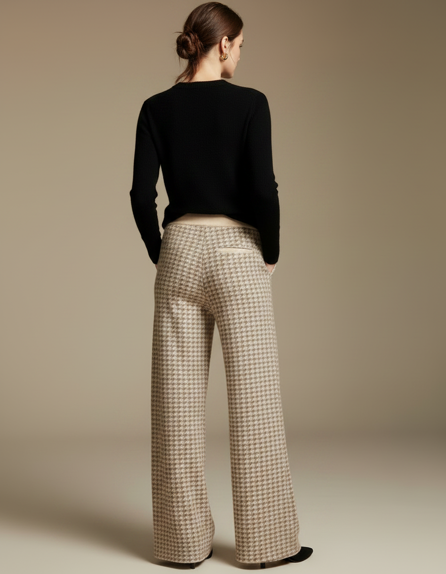 Pantalon Fluide Écru Ample Cordon Pied-de-poule - Beige Maille - vue 2