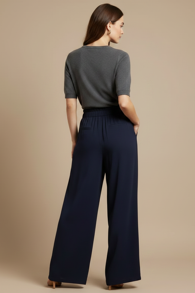 Pantalon Fluide Bleu Marine Ample Taille Haute Élégant - Polyester - vue 2