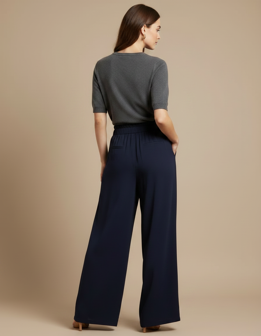 Pantalon Fluide Bleu Marine Ample Taille Haute Élégant - Polyester - vue 2
