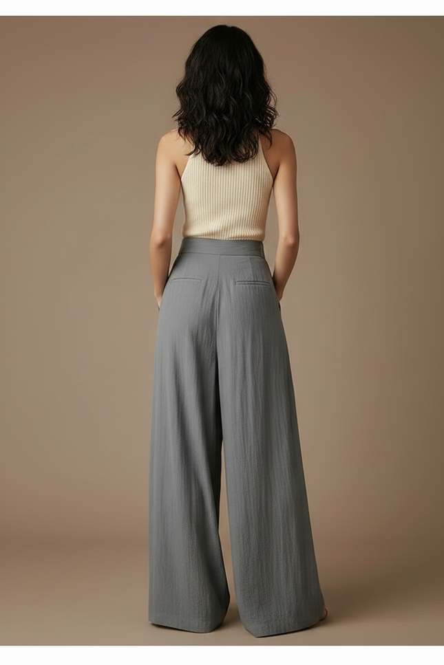 Pantalon Fluide Gris Ample Plissé Confortable - Lin - vue 2