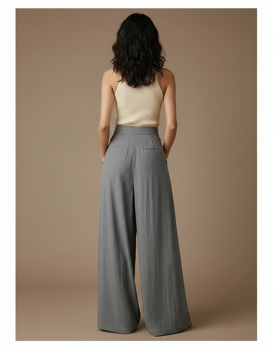 Pantalon Fluide Gris Ample Plissé Confortable - Lin - vue 2