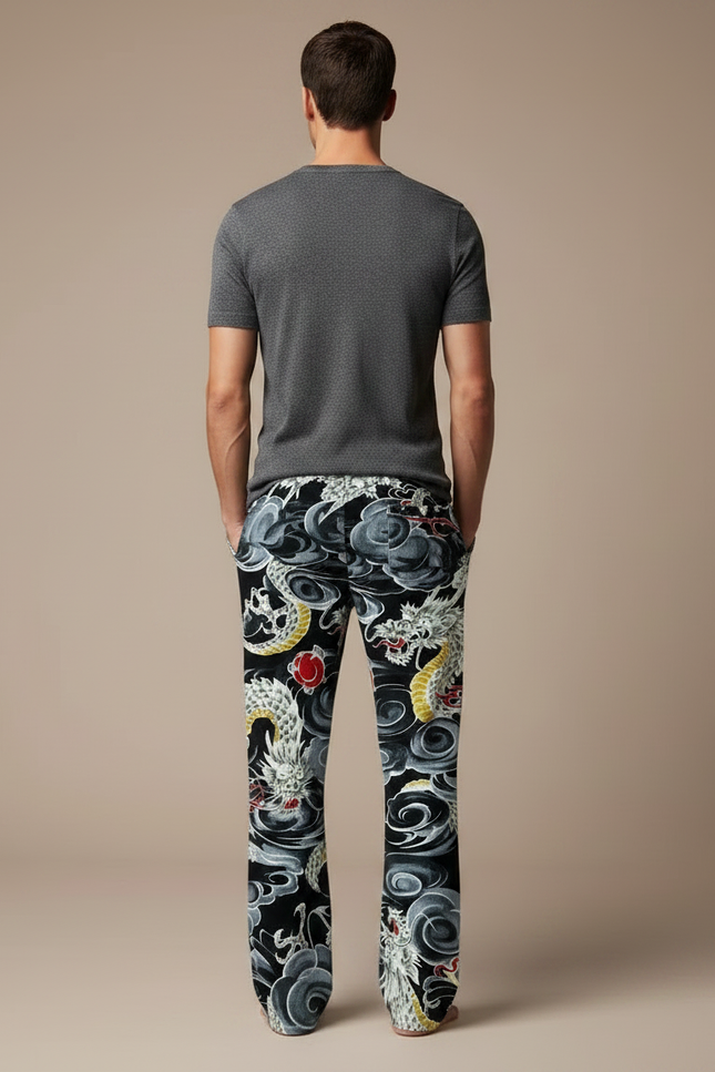 Pantalon Fluide Noir Dragon Ample Décontracté Homme - Imprimé Viscose - vue 2