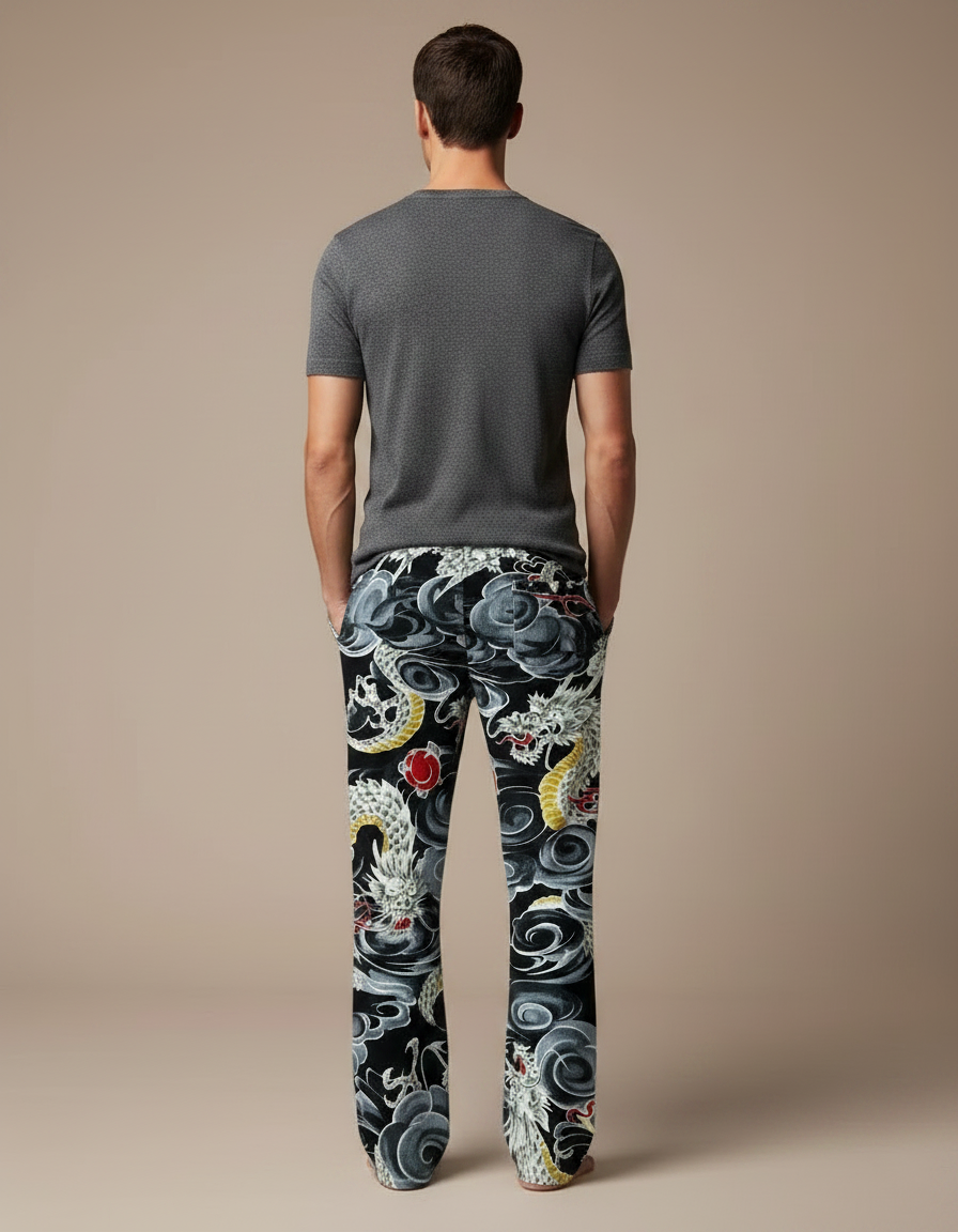 Pantalon Fluide Noir Dragon Ample Décontracté Homme - Imprimé Viscose - vue 2