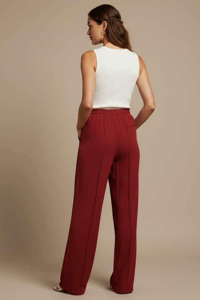 Pantalon Rouge Fluide Taille Haute - Bordeaux Viscose - vue 2